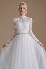 Beautiful Jewel Long-Sleeve A-Line Floor-Length Wedding Dresses with Pattern-misshow.com