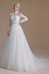 Beautiful Jewel Long-Sleeve A-Line Floor-Length Wedding Dresses with Pattern-misshow.com