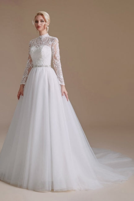 Beautiful Jewel Long-Sleeve A-Line Floor-Length Wedding Dresses with Pattern-misshow.com