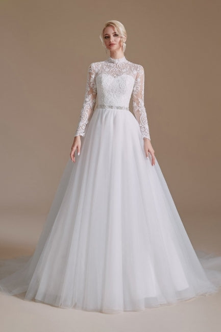 Beautiful Jewel Long-Sleeve A-Line Floor-Length Wedding Dresses with Pattern-misshow.com