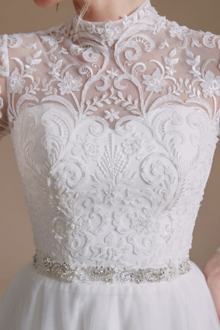 Beautiful Jewel Long-Sleeve A-Line Floor-Length Wedding Dresses with Pattern-misshow.com