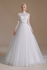 Beautiful Jewel Long-Sleeve A-Line Floor-Length Wedding Dresses with Pattern-misshow.com