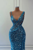 Beautiful Long A-line Blue V-neck Sequined Sleeveless Prom Dress-misshow.com