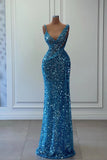 Beautiful Long A-line Blue V-neck Sequined Sleeveless Prom Dress