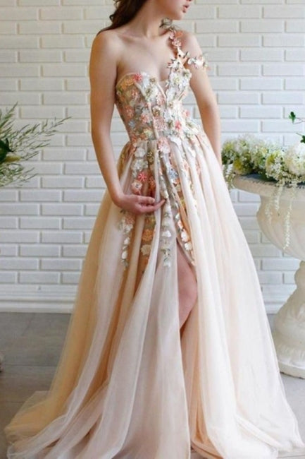 Beautiful Long A-line One Shoulder Flowers Evening Dresses With Slit-misshow.com