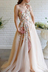 Beautiful Long A-line One Shoulder Flowers Evening Dresses With Slit-misshow.com