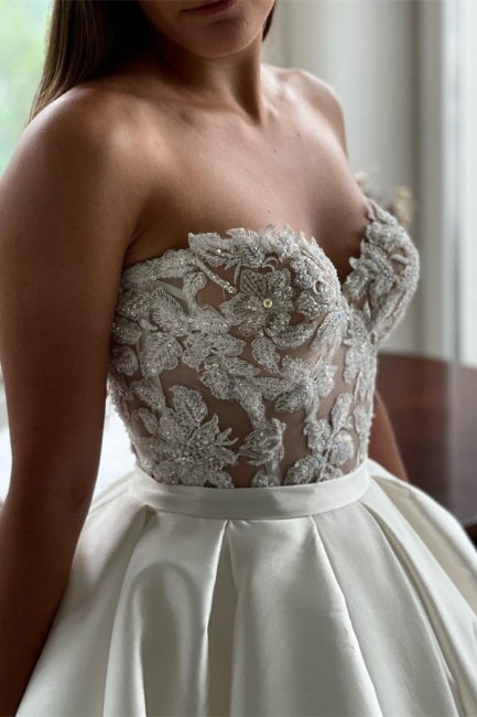 Beautiful Long A-Line Satin Beading Sleeveless Wedding Dresses With Lace-misshow.com