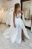 Beautiful Long A-line Sleeveless Split Wedding Dresses With Lace