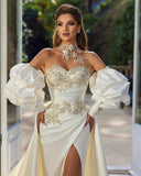 Beautiful Long A-Line Sleeveless Strapless Satin Wedding Dresses With Applique-misshow.com