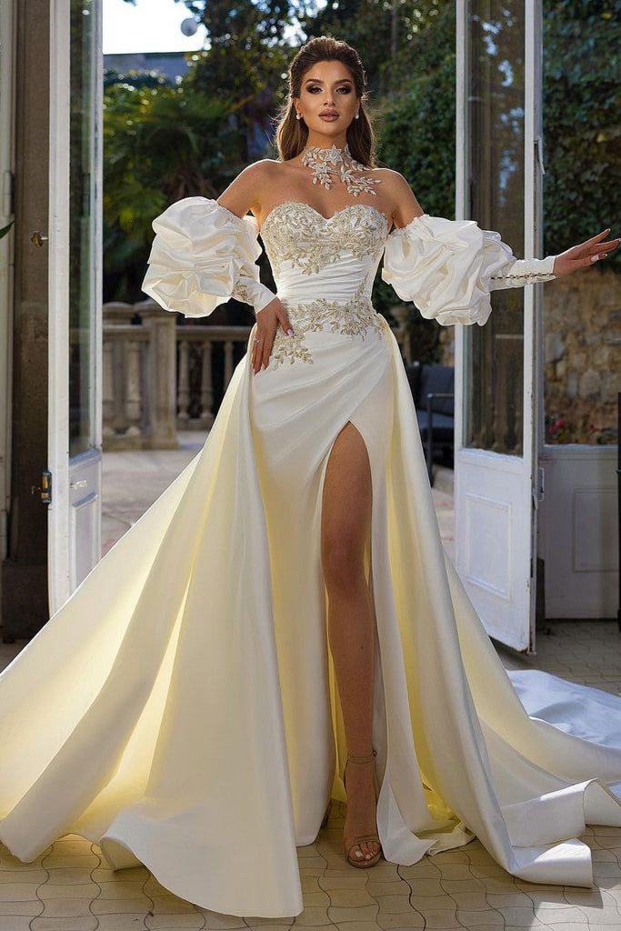Beautiful Long A-Line Sleeveless Strapless Satin Wedding Dresses with Applique