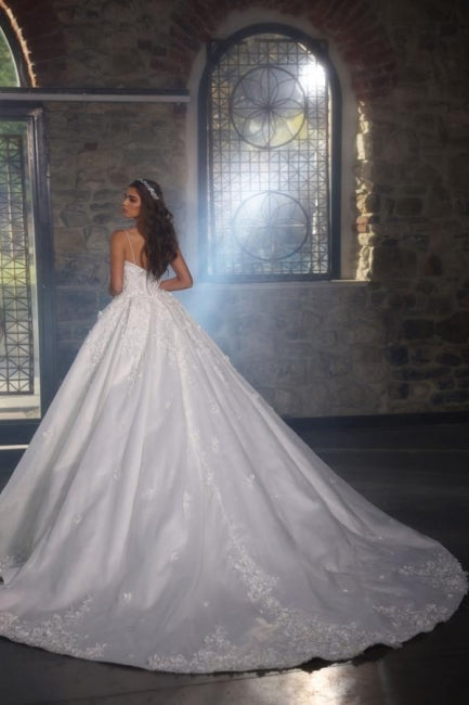 Beautiful Long A-line Straps Satin Appiques Wedding Dresses With Lace-misshow.com