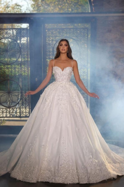Beautiful Long A-line Straps Satin Appiques Wedding Dresses With Lace-misshow.com