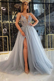 Beautiful Long A-line V-neck Glitter Beading Evening Dresses With Slit