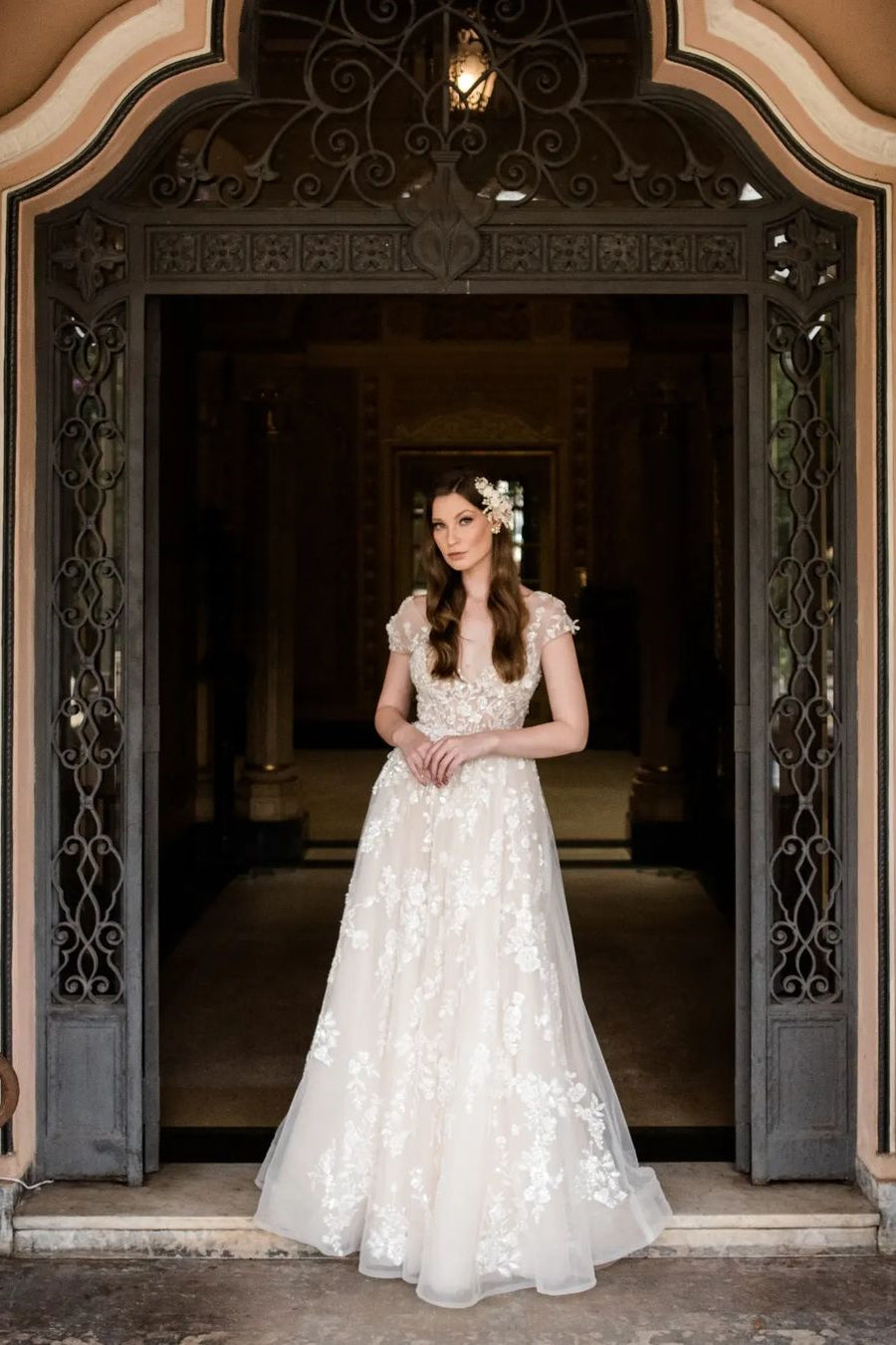 Beautiful Long A-line V-neck Lace Wedding Dresses With Cap Sleeves-misshow.com