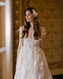 Beautiful Long A-line V-neck Lace Wedding Dresses With Cap Sleeves-misshow.com