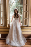 Beautiful Long A-line V-neck Lace Wedding Dresses With Cap Sleeves-misshow.com