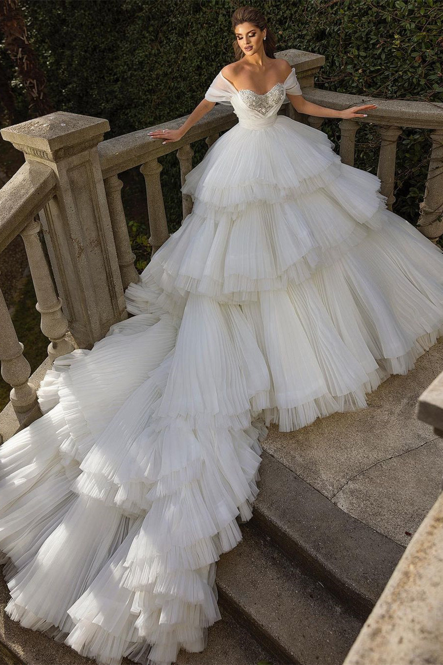 Beautiful Long Ball Gown Ruched Portrait Cathedral Wedding Dresses With Beading-misshow.com