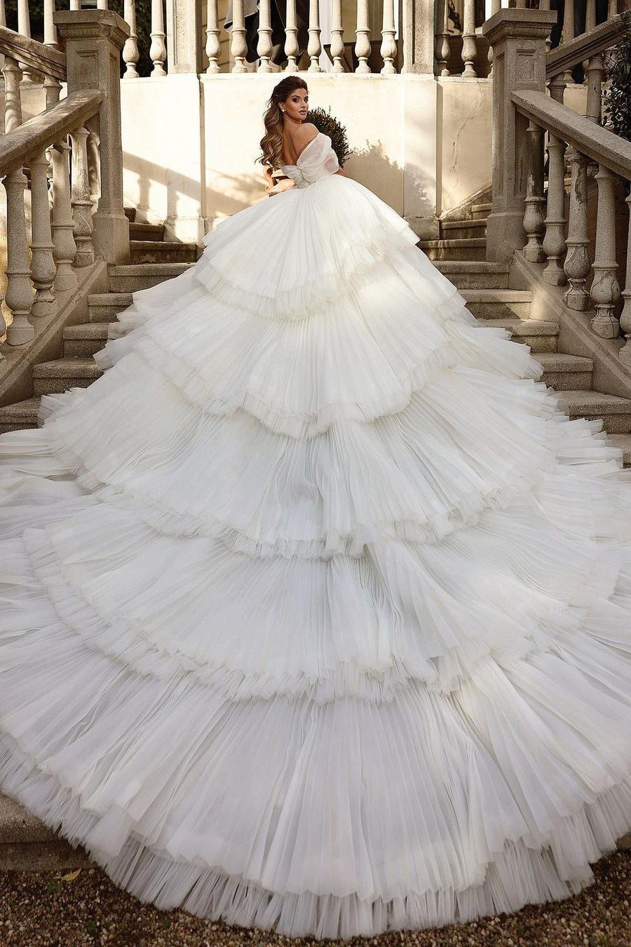 Beautiful Long Ball Gown Ruched Portrait Cathedral Wedding Dresses With Beading-misshow.com