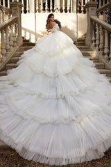 Beautiful Long Ball Gown Ruched Portrait Cathedral Wedding Dresses With Beading-misshow.com