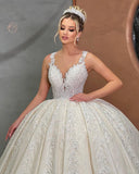 Beautiful Long Ball Gown Spaghetti Strap Lace Wedding Dress-misshow.com