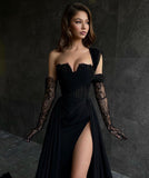 Beautiful Long Black A-line One Shoulder Sleeveless Lace Prom Dress With Sit-misshow.com