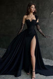 Beautiful Long Black A-line One Shoulder Sleeveless Lace Prom Dress With Sit