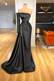 Beautiful Long Black Off-the-shoulder Beading Prom Dress With Long Sleeve