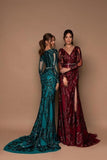 Beautiful Long Black V-neck Mermaid Glitter Evening Dresses with Long Sleeves-misshow.com