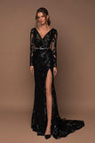 Beautiful Long Black V-neck Mermaid Glitter Evening Dresses with Long Sleeves-misshow.com