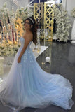 Beautiful Long Blue A-line Appliques Sleeveless Evening Dresses With Lace-misshow.com