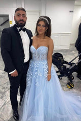 Beautiful Long Blue A-line Appliques Sleeveless Evening Dresses With Lace-misshow.com