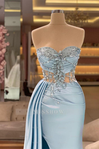 Gorgeous Long Royal Blue Sleeveless Beading Prom Dress With Slit main image 1