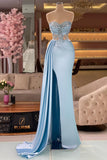 Beautiful Long Blue Mermaid Sleeveless Beading Prom Dress With Slit