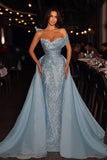 Beautiful Long Blue Off-the-shoulder Sequined Sleeveless Prom Dress With Detachable Train-misshow.com