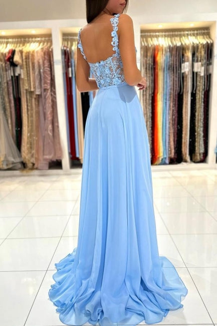 Beautiful Long Blue Simple Straps Appliques Sleeveless Evening Dresses With Slit-misshow.com
