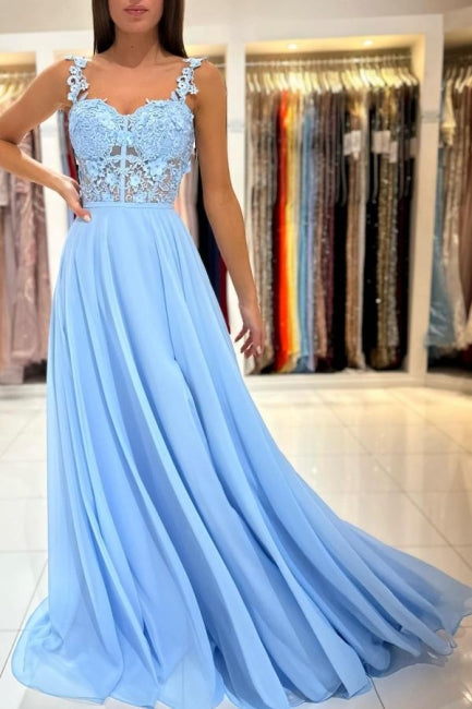 Beautiful Long Blue Simple Straps Appliques Sleeveless Evening Dresses With Slit-misshow.com