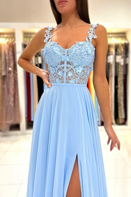 Beautiful Long Blue Simple Straps Appliques Sleeveless Evening Dresses With Slit-misshow.com