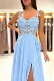 Beautiful Long Blue Simple Straps Appliques Sleeveless Evening Dresses With Slit-misshow.com