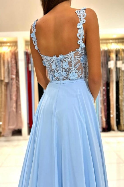 Beautiful Long Blue Simple Straps Appliques Sleeveless Evening Dresses With Slit-misshow.com