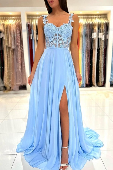 Beautiful Long Blue Simple Straps Appliques Sleeveless Evening Dresses With Slit-misshow.com