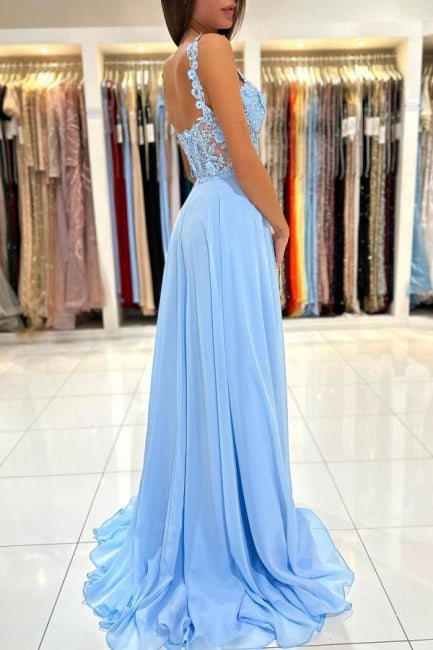 Beautiful Long Blue Simple Straps Appliques Sleeveless Evening Dresses With Slit-misshow.com