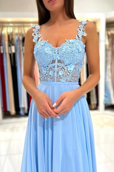 Beautiful Long Blue Simple Straps Appliques Sleeveless Evening Dresses With Slit-misshow.com