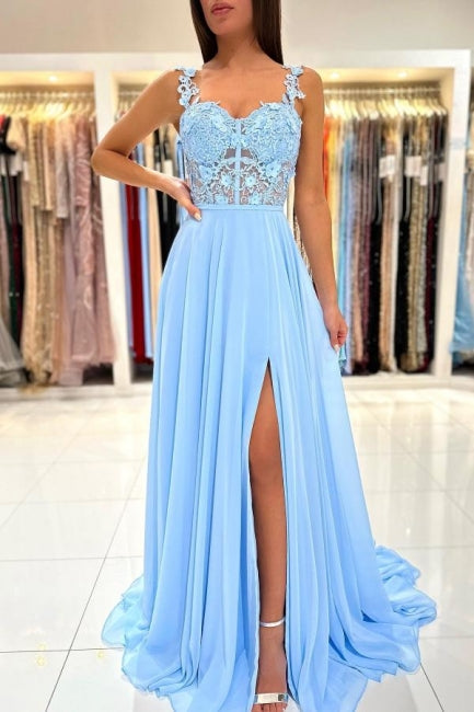 Beautiful Long Blue Simple Straps Appliques Sleeveless Evening Dresses With Slit-misshow.com