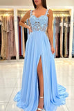 Beautiful Long Blue Simple Straps Appliques Sleeveless Evening Dresses With Slit