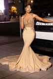 Beautiful Long Champagne Mermaid Sleeveless Beading Prom Dress With Lace-misshow.com