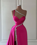Beautiful Long Fuchsia One Shoulder Jewels Sleeveless Prom Dress With Slit-misshow.com