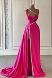 Beautiful Long Fuchsia One Shoulder Jewels Sleeveless Prom Dress With Slit