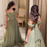 Beautiful Long Green A-line Off-the-shoulder Sequined Beading Prom Dress-misshow.com