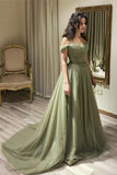 Beautiful Long Green A-line Off-the-shoulder Sequined Beading Prom Dress
