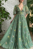Beautiful Long Green V-neck A-line Appliques Prom Dress-misshow.com